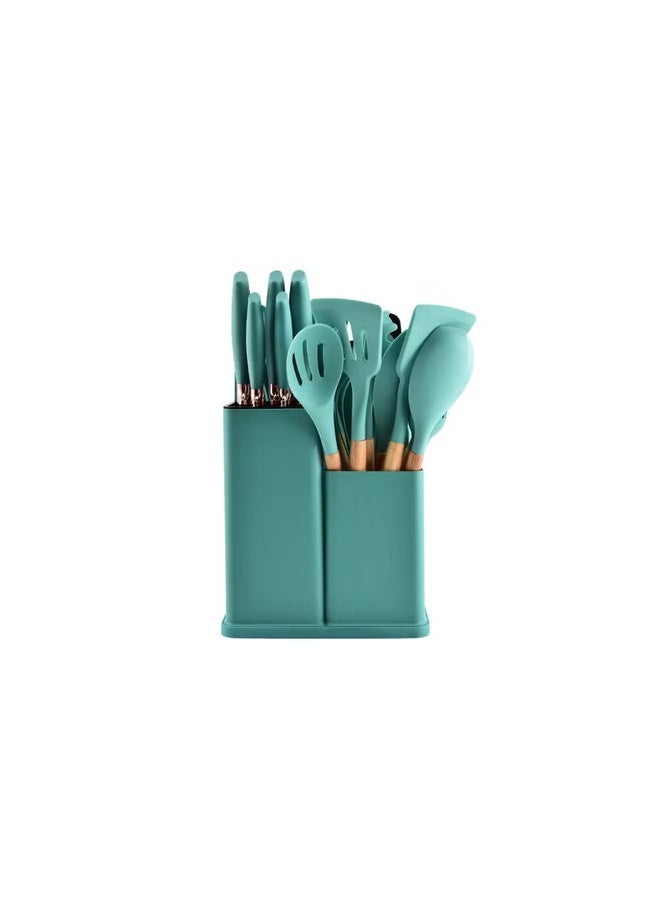 مجموعة أدوات طهي مكونة من 19 قطعة، مجموعة سكاكين المطبخ، تتضمن ملقطًا وملعقة وملعقة مسطحة ومقلاة، مقاومة للحرارة، آمنة غذائيًا، مقابض من السيليكون والخشب، مجموعات سكاكين المطبخ غير اللاصقة وأدوات المائدة - Image 4